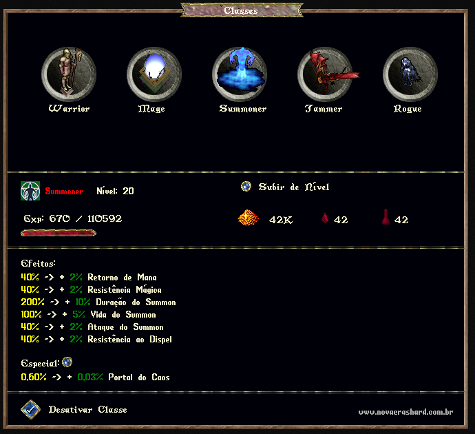 Menu de Classes PvM no jogo